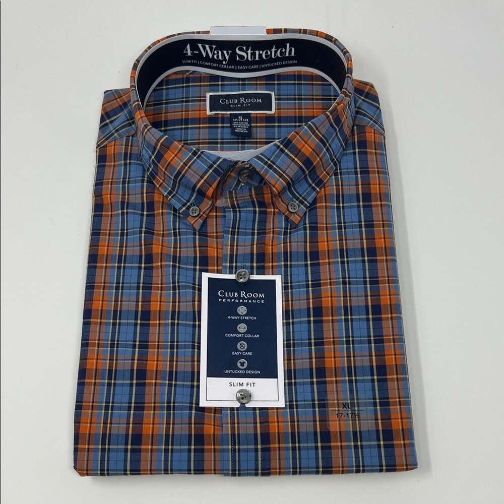 Club Room Men's Slim Fit LS Button Down Untucked Design - Blue/Orange - XL - NWT